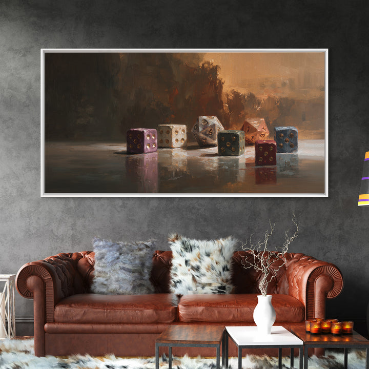 Tabletop Dice Rolling Through Dramatic Light Framed Canvas Print, Game Room Art, Living Room Decor, Game Room Decor, Play, GRA-2x1-85