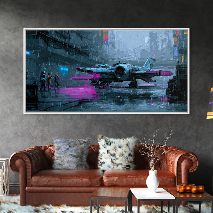 Arcade Spaceship Pixel Art Scene Framed Canvas Print, Game Room Art, Pop Art, Game Room Decor, Fine Art, Play, Fine Art Print, GRA-2x1-87