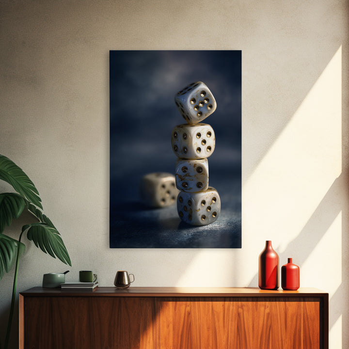 Tabletop Dice Rolling Through Dramatic Light Canvas Print, Game Room Art, Canvas Wall Art, Game Room Decor, Fine Art, Play, GRA-2x3-49