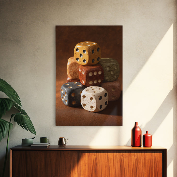 Tabletop Dice Rolling Through Dramatic Light Framed Canvas Print, Game Room Art, Canvas Print, Game Room Decor, Fine Art, Play, GRA-2x3-73