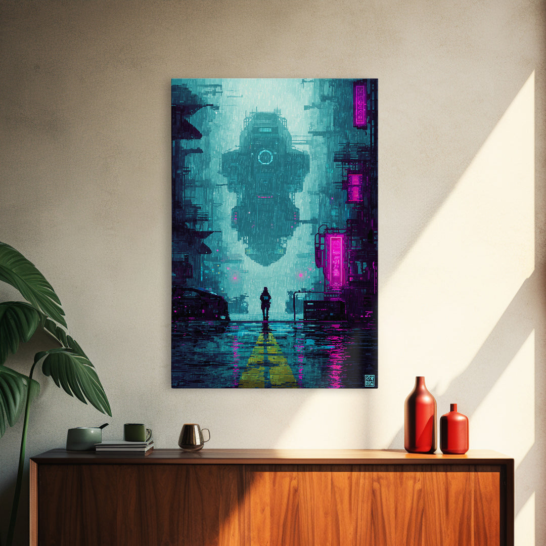 Arcade Spaceship Pixel Art Scene Framed Canvas Print, Game Room Art, Canvas Art, Game Room Decor, Play, Living Room Art, GRA-2x3-75
