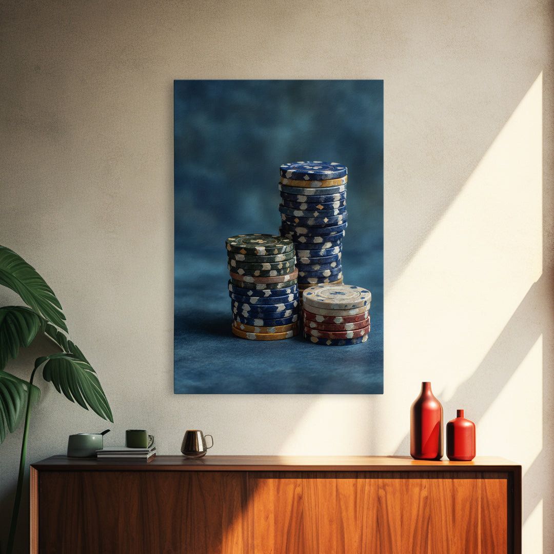 Poker Chips Stacked Like Casino Still Life Framed Canvas Print, Game Room Art, African American Art, Game Room Decor, Play, GRA-2x3-87
