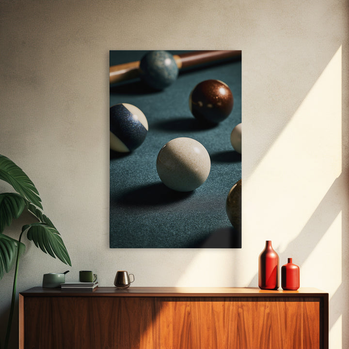 Pool Cue and Chalk on Green Felt Framed Canvas Print, Game Room Art, Canvas Art, Game Room Decor, Play, Living Room Art, GRA-2x3-90