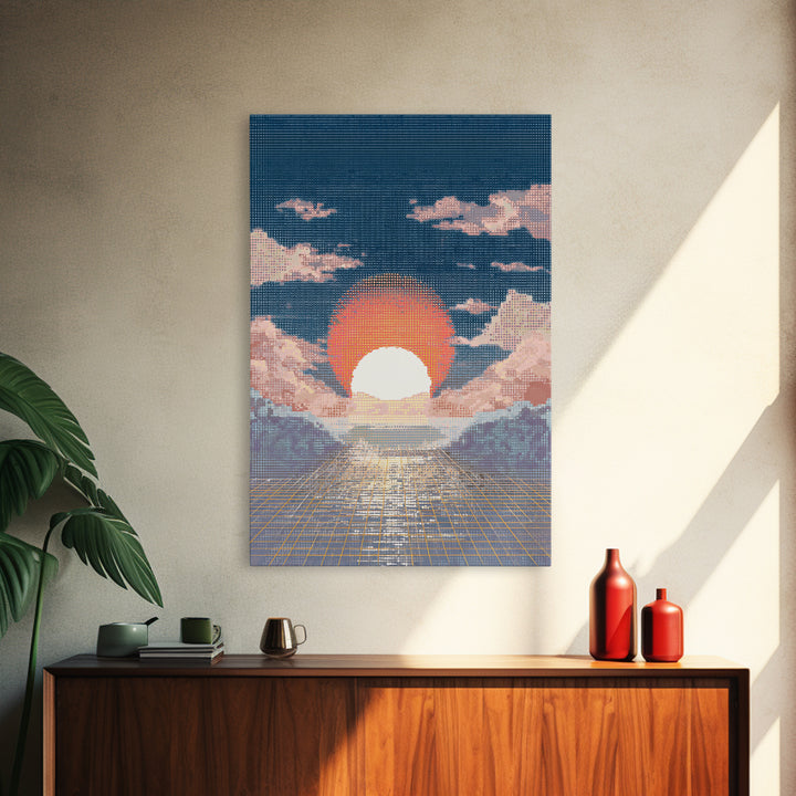Neon Synthwave Grid Framed Canvas Print, Game Room Art, Modern Wall Art, Game Room Decor, Fine Art, Play, Unique Home Decor, GRA-2x3-93
