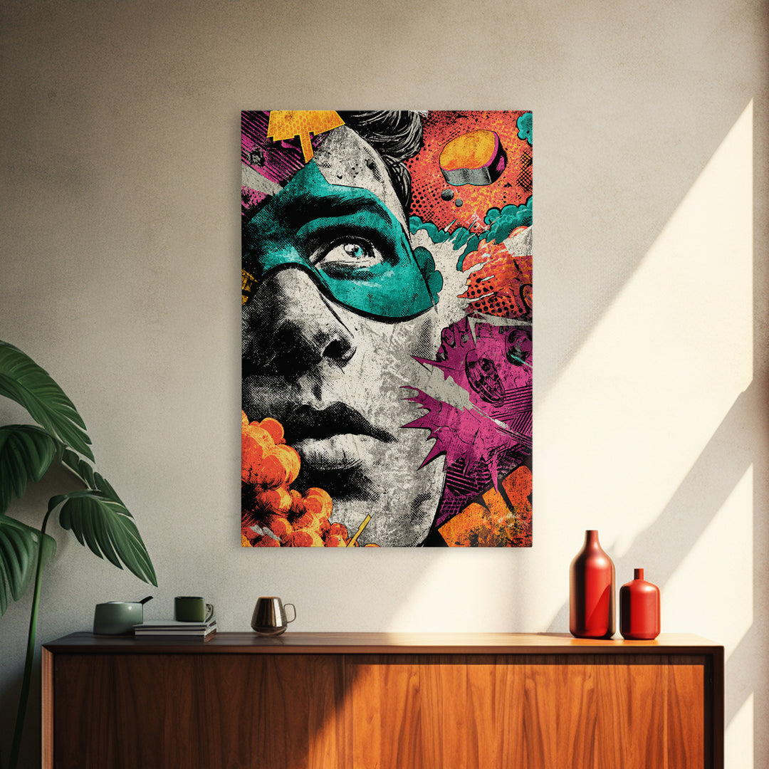 Comic Style Explosion with Game Icons Canvas Print, Game Room Art, Trendy Wall Art, Game Room Decor, Oil Painting, Play, GRA-2x3-95