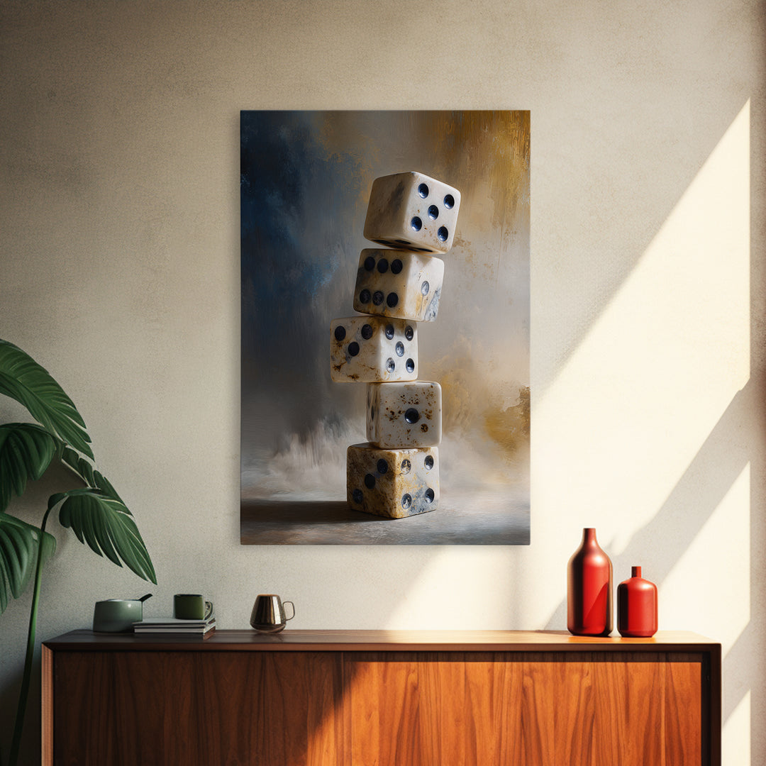 Tabletop Dice Rolling Through Dramatic Light Framed Canvas Print, Game Room Art, Canvas Print, Game Room Decor, Fine Art, Play, GRA-2x3-97
