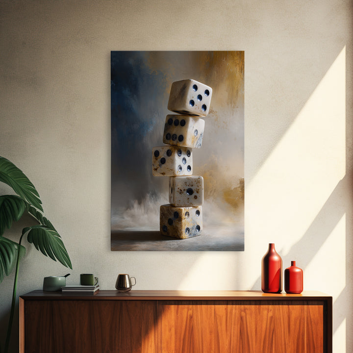 Tabletop Dice Rolling Through Dramatic Light Framed Canvas Print, Game Room Art, Canvas Print, Game Room Decor, Fine Art, Play, GRA-2x3-97