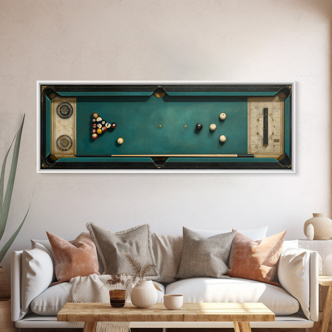 Pool Cue and Chalk on Green Felt Framed Canvas Print, Game Room Art, Original Art, Game Room Decor, Play, Trendy Wall Art, GRA-3x1-2