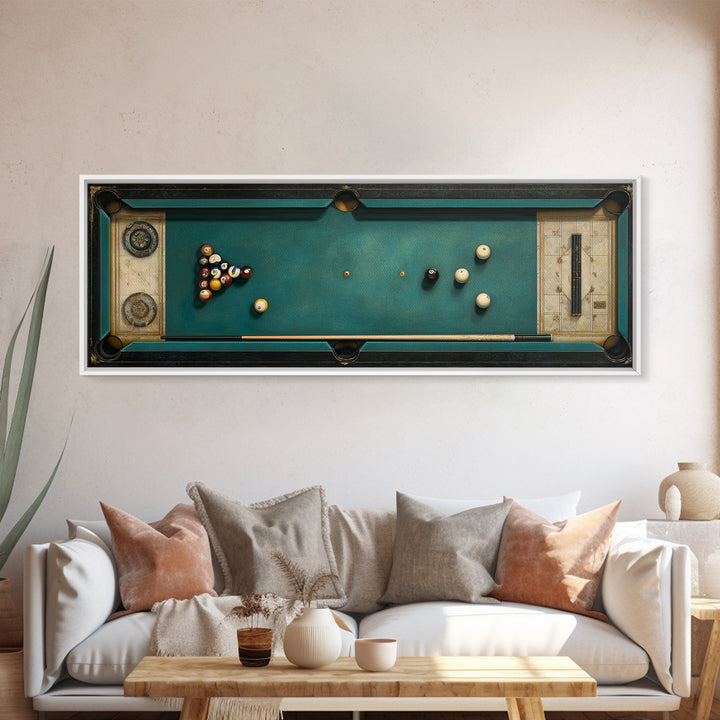 Pool Cue and Chalk on Green Felt Framed Canvas Print, Game Room Art, Original Art, Game Room Decor, Play, Trendy Wall Art, GRA-3x1-2