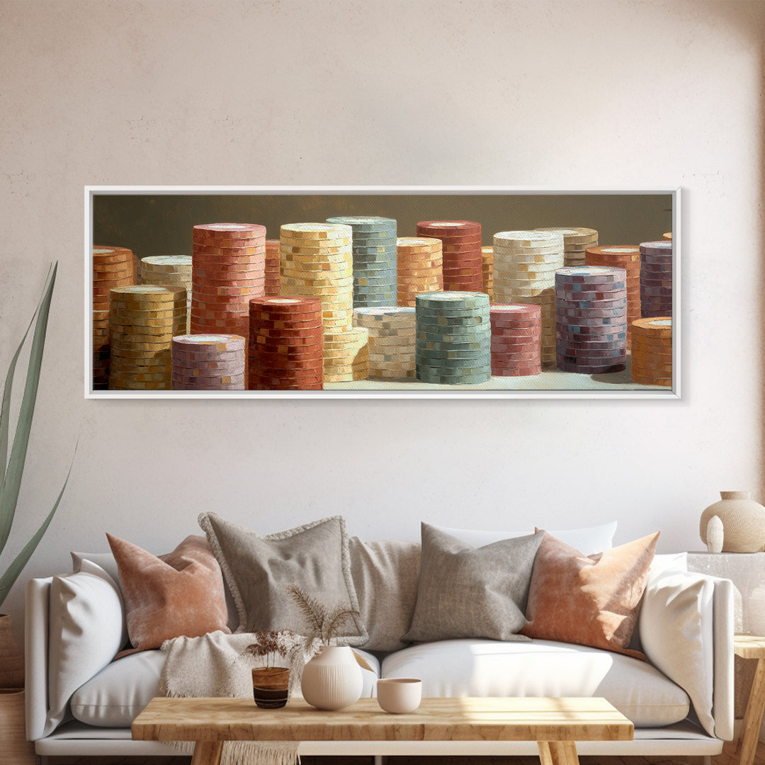 Poker Chips Stacked Like Casino Still Life Framed Canvas Print, Game Room Art, Boho Decor, Game Room Decor, Fine Art, Play, GRA-3x1-23