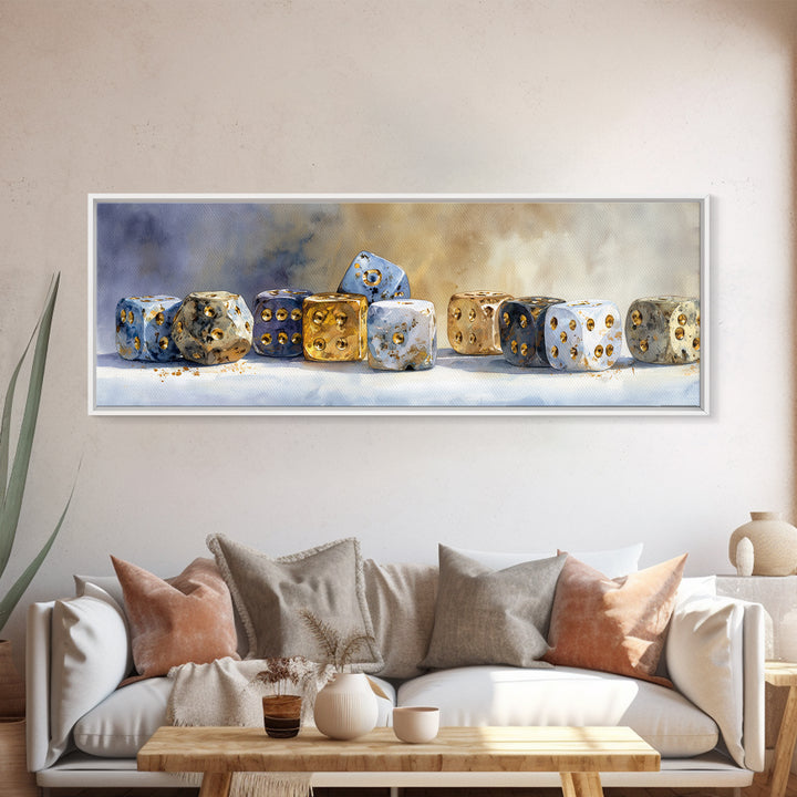 Tabletop Dice Rolling Through Dramatic Light Canvas Print, Game Room Art, African American Art, Game Room Decor, Fine Art, Play, GRA-3x1-33