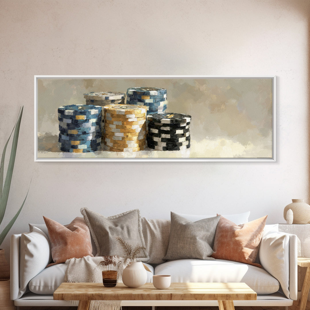 Poker Chips Stacked Like Casino Still Life Framed Canvas Print, Game Room Art, Game Room Decor, Oil Painting, Play, GRA-3x1-47