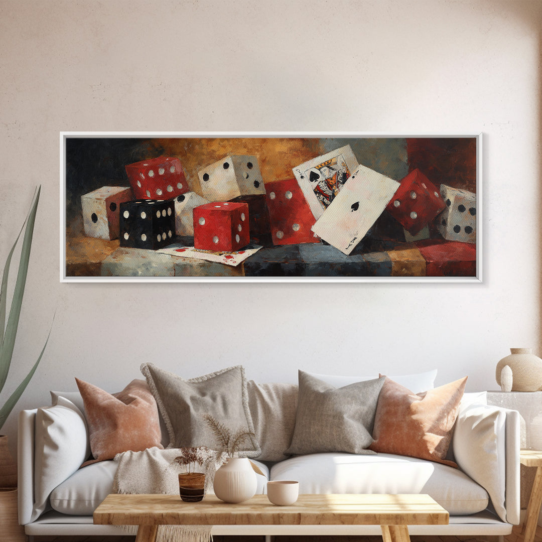 Playing Cards and Dice Framed Canvas Print, Game Room Art, Black Art, Game Room Decor, Abstract Art, Play, Playroom Art, GRA-3x1-67