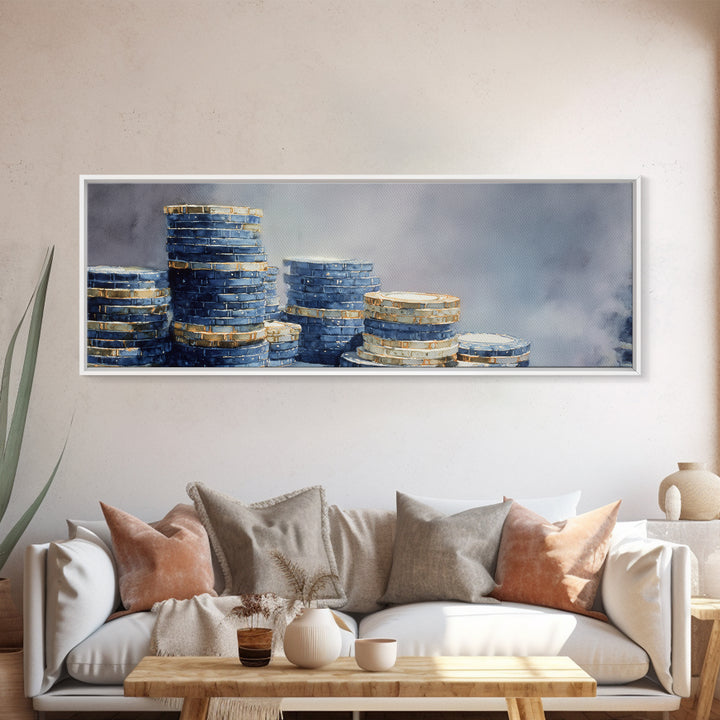 Poker Chips Stacked Like Casino Still Life Canvas Print, Game Room Art, New Home Gift, Game Room Decor, Fine Art, Play, GRA-3x1-71