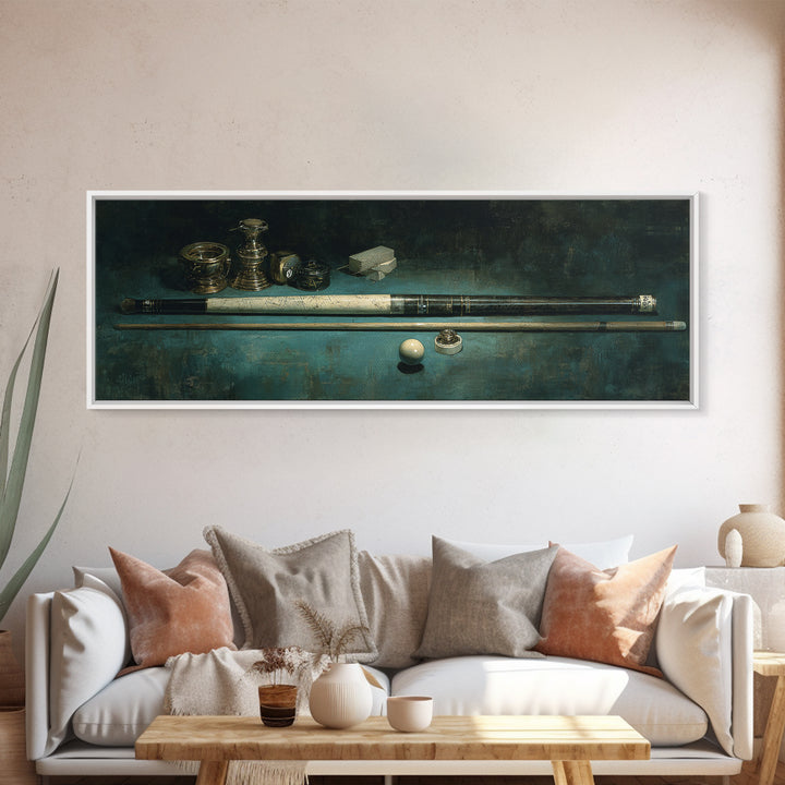 Pool Cue and Chalk on Green Felt Framed Canvas Print, Game Room Art, Black Woman Art, Game Room Decor, Oil Painting, Play, GRA-3x1-74