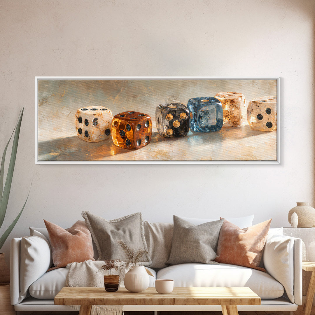 Tabletop Dice Rolling Through Dramatic Light Framed Canvas Print, Game Room Art, Pop Art, Game Room Decor, Fine Art, Play, GRA-3x1-81