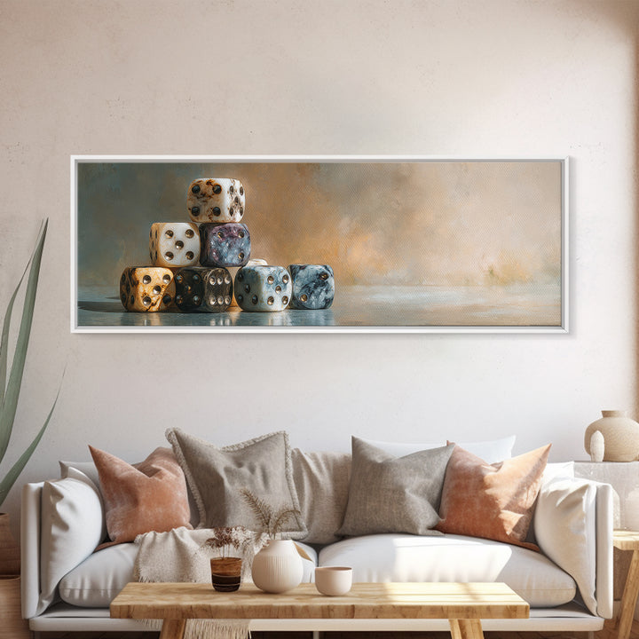 Tabletop Dice Rolling Through Dramatic Light Framed Canvas Print, Game Room Art, Living Room Decor, Game Room Decor, Play, GRA-3x1-9