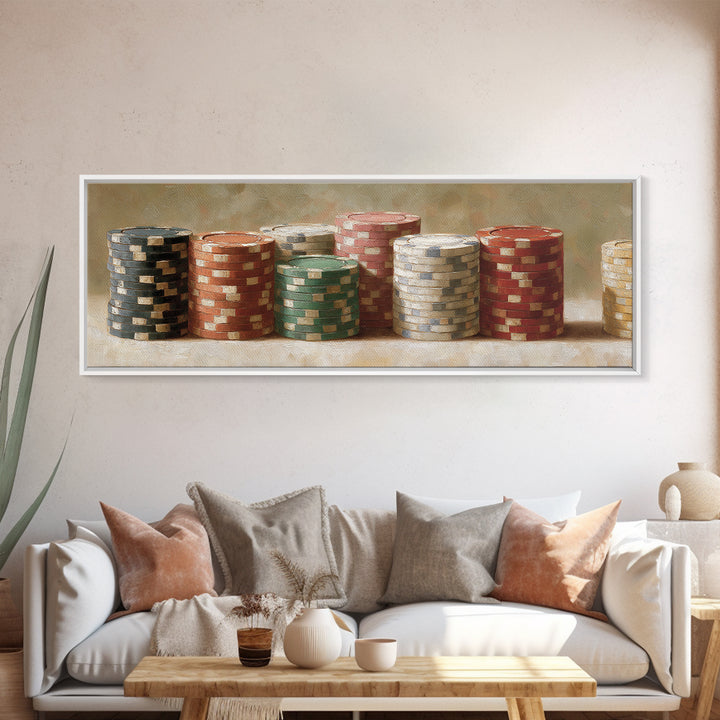 Poker Chips Stacked Like Casino Still Life Canvas Print, Game Room Art, Textured Painting, Game Room Decor, Oil Painting, Play, GRA-3x1-95