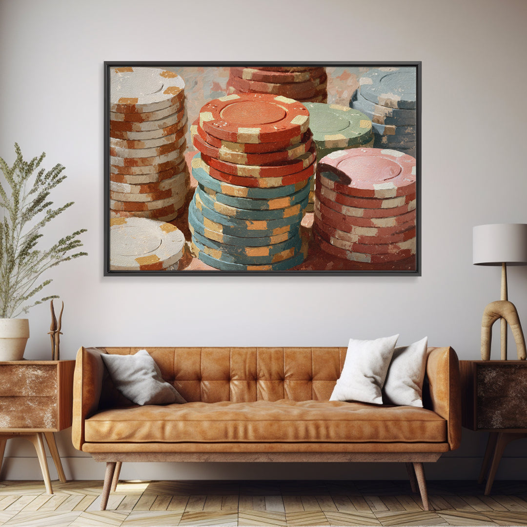Poker Chips Stacked Like Casino Still Life Canvas Print, Game Room Art, Pop Art, Game Room Decor, Play, Fine Art Print, GRA-3x2-11