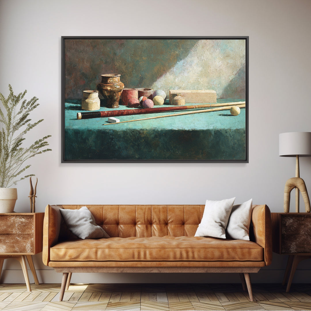 Pool Cue and Chalk on Green Felt Framed Canvas Print, Game Room Art, Canvas Art, Game Room Decor, Play, Living Room Art, GRA-3x2-14