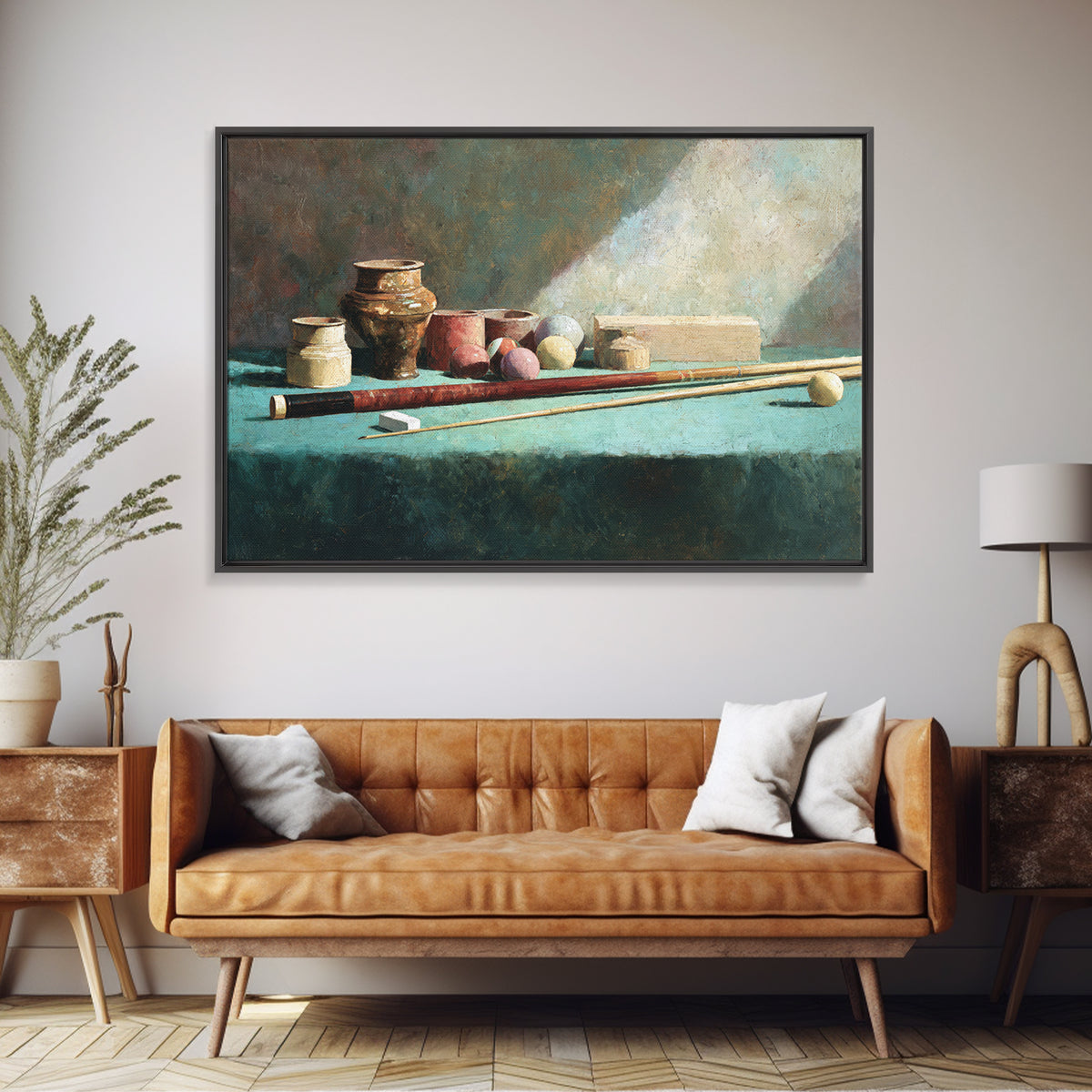 Pool Cue and Chalk on Green Felt Framed Canvas Print, Game Room Art, Canvas Art, Game Room Decor, Play, Living Room Art, GRA-3x2-14