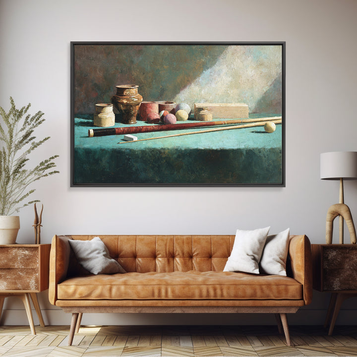 Pool Cue and Chalk on Green Felt Framed Canvas Print, Game Room Art, Canvas Art, Game Room Decor, Play, Living Room Art, GRA-3x2-14