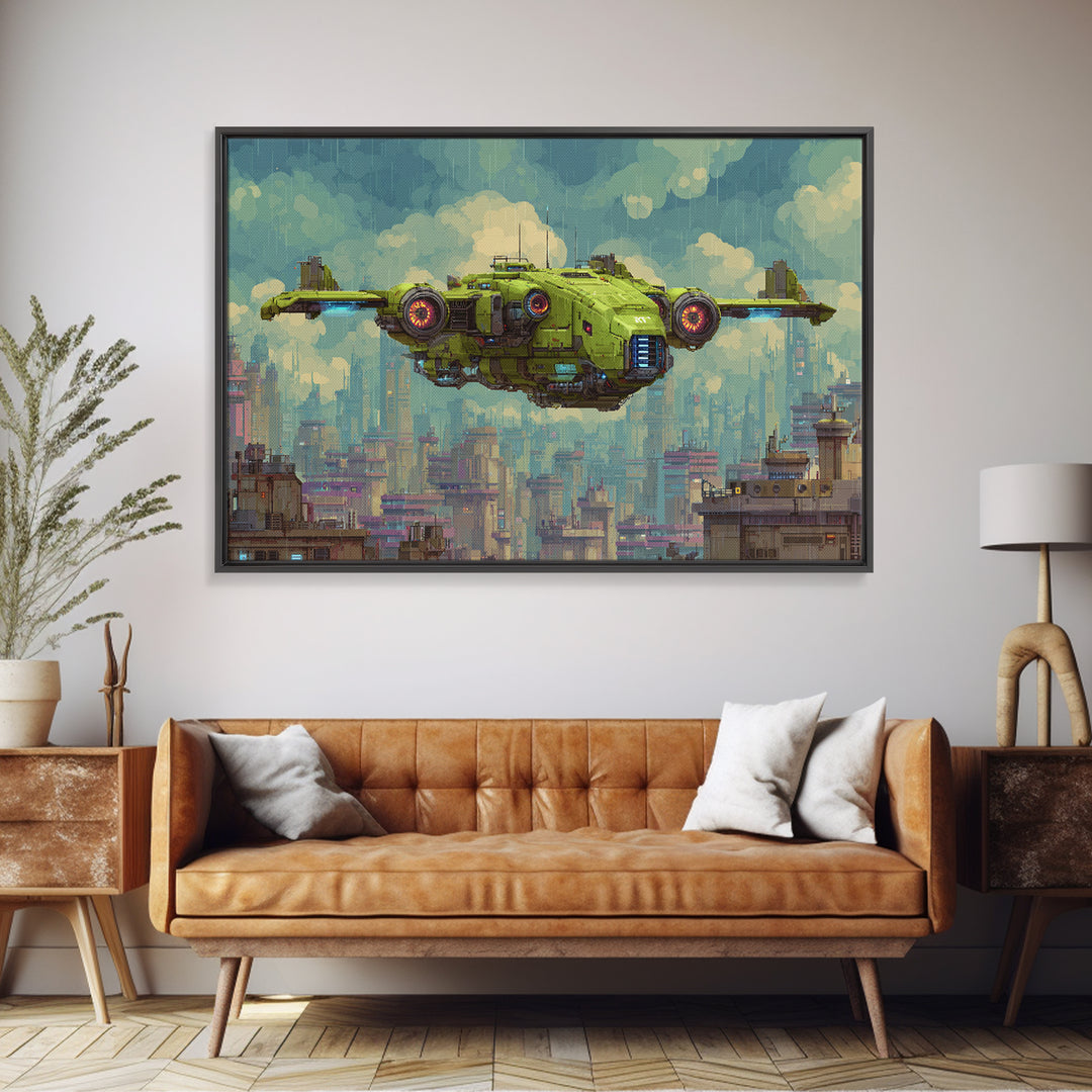 Arcade Spaceship Pixel Art Scene Framed Canvas Print, Game Room Art, Black Woman Art, Game Room Decor, Fine Art, Play, GRA-3x2-23