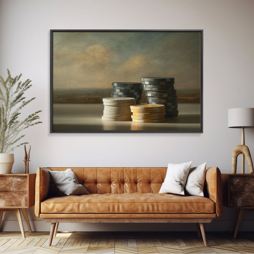 Poker Chips Stacked Like Casino Still Life Framed Canvas Print, Game Room Art, Original Artwork, Game Room Decor, Play, GRA-3x2-35