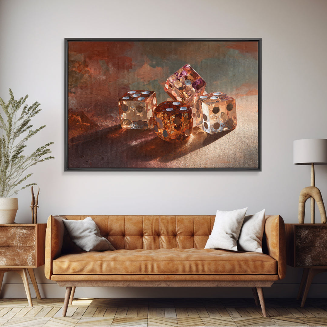Tabletop Dice Rolling Through Dramatic Light Framed Canvas Print, Game Room Art, Unique Home Decor, Game Room Decor, Play, GRA-3x2-45