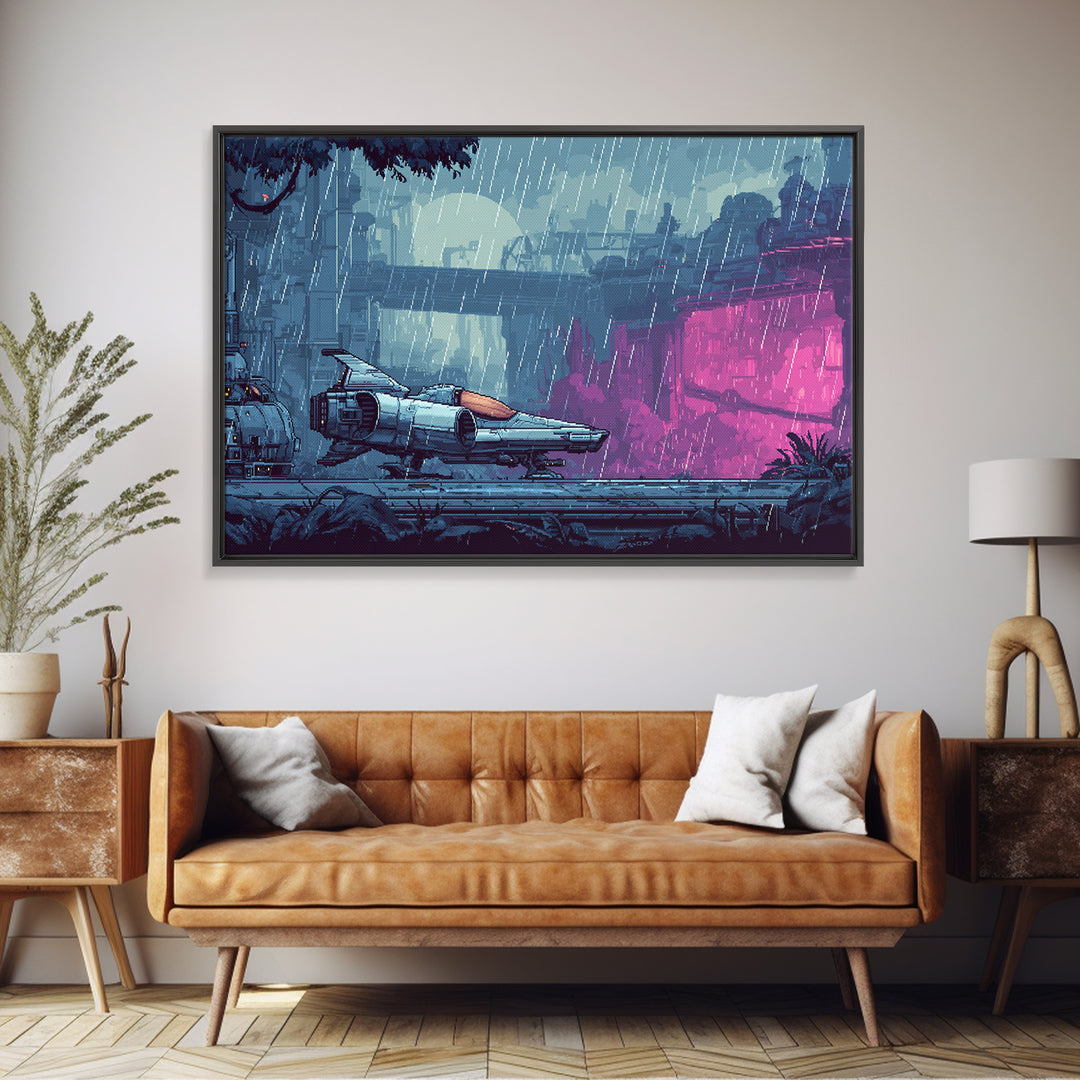 Arcade Spaceship Pixel Art Scene Framed Canvas Print, Game Room Art, Room Decor, Game Room Decor, Oil Painting, Play, GRA-3x2-47