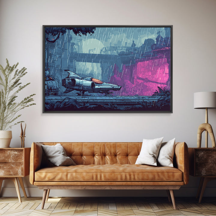 Arcade Spaceship Pixel Art Scene Framed Canvas Print, Game Room Art, Room Decor, Game Room Decor, Oil Painting, Play, GRA-3x2-47
