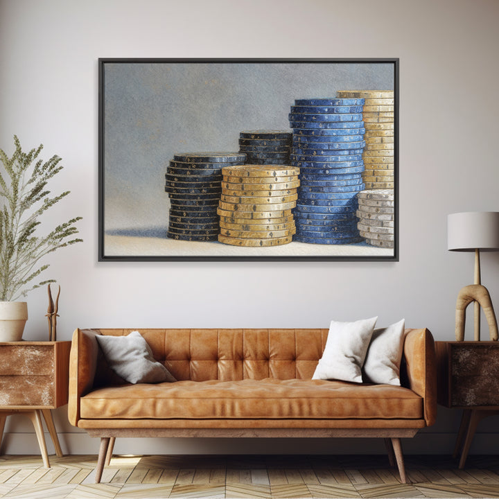 Poker Chips Stacked Like Casino Still Life Framed Canvas Print, Game Room Art, Art Print, Game Room Decor, Oil Painting, Play, GRA-3x2-59