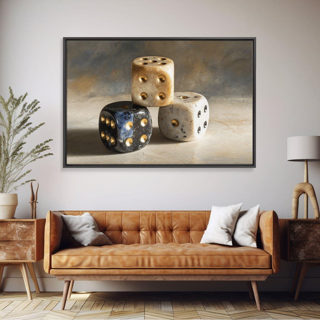 Tabletop Dice Rolling Through Dramatic Light Framed Canvas Print, Game Room Art, Unique Home Decor, Game Room Decor, Play, GRA-3x2-69