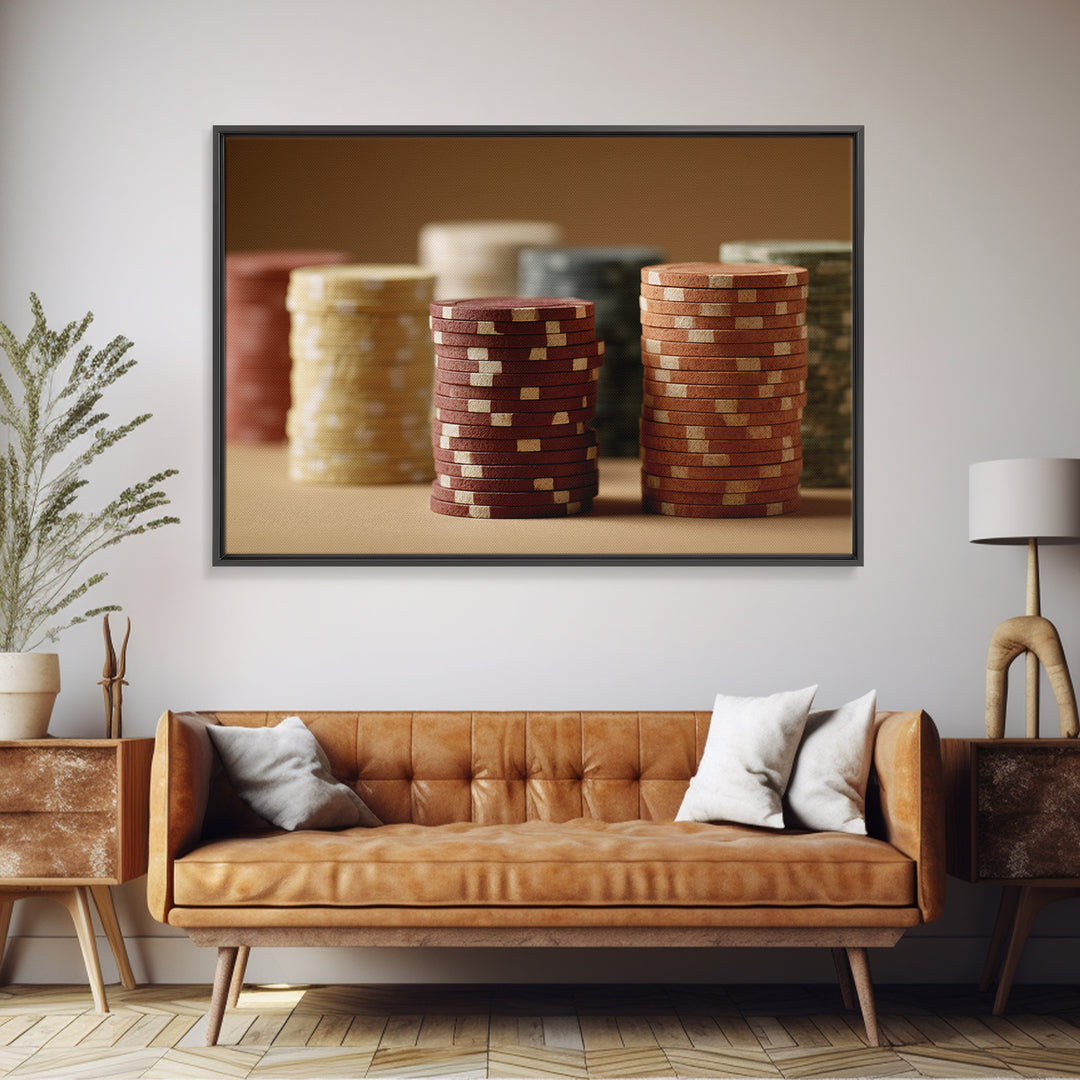 Poker Chips Stacked Like Casino Still Life Canvas Print, Game Room Art, Wall Art, Game Room Decor, Play, Bedroom Wall Art, GRA-3x2-83