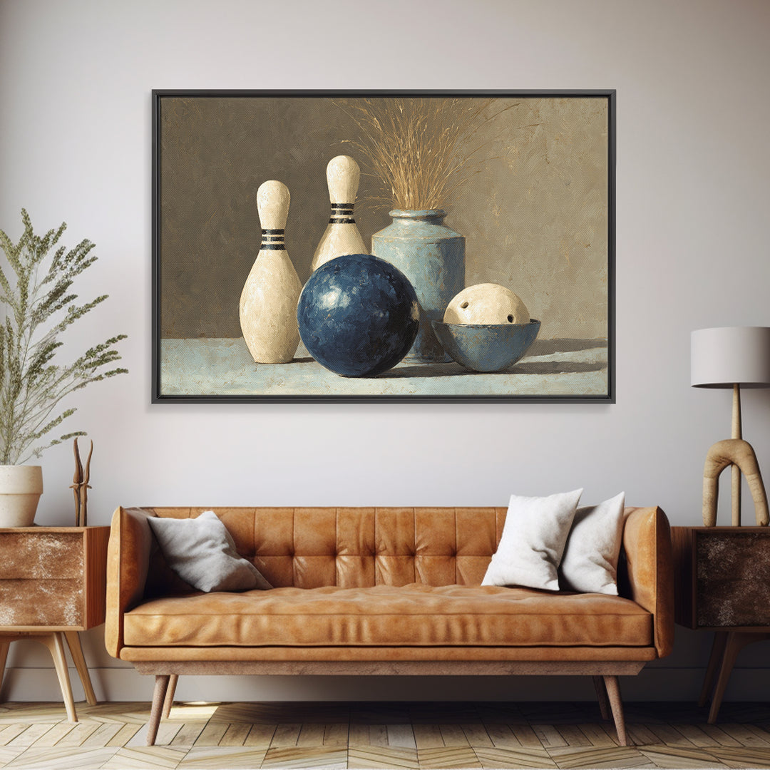 Bowling Ball and Pins Framed Canvas Print, Game Room Art, Living Room Art, Game Room Decor, Fine Art, Play, Neutral Decor, GRA-3x2-90
