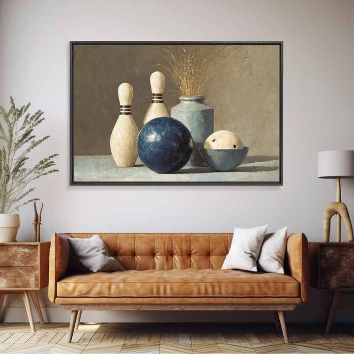 Bowling Ball and Pins Framed Canvas Print, Game Room Art, Living Room Art, Game Room Decor, Fine Art, Play, Neutral Decor, GRA-3x2-90