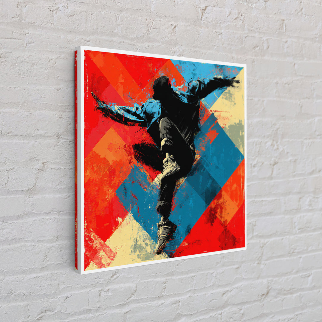Breakdancer Silhouette over Bright Paint Splashes Framed Canvas Print, Graffiti Art, 3d Wall Art, Living Room Decor, Street, GRF-1x1-2