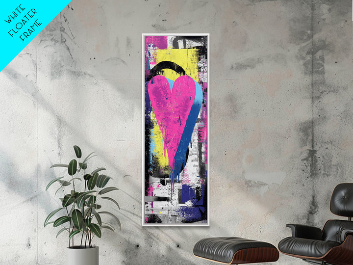 Neon Heart Painted on Cracked Concrete Texture Canvas Print, Graffiti Art, Luxury Decor, Living Room Decor, Street, GRF-1x3-66