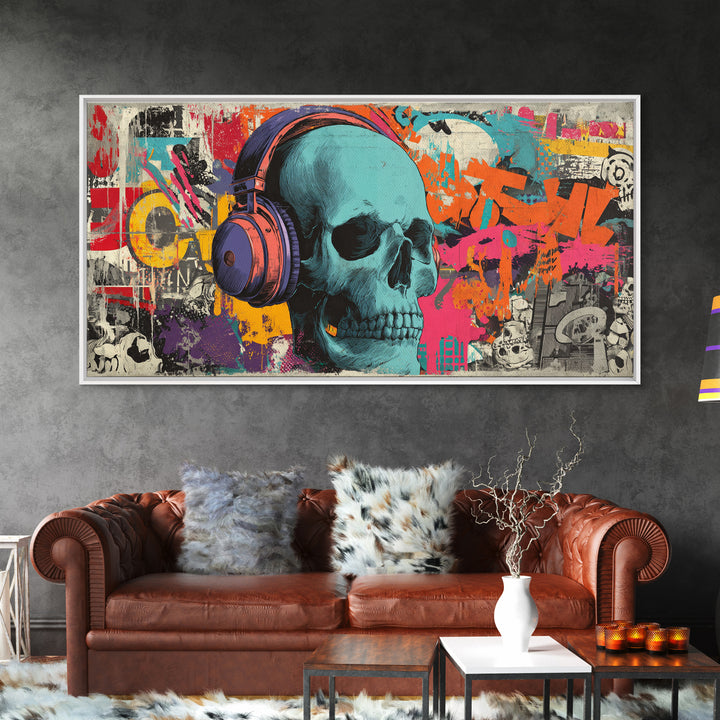 Skull and Headphones Mural Composition Framed Canvas Print, Graffiti Art, Graffiti, Living Room Decor, Fine Art, Street, GRF-2x1-19