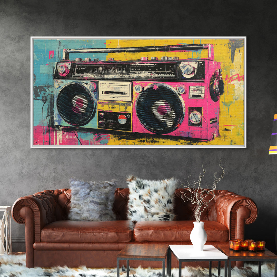 Boombox and Cassette Tape Framed Canvas Print, Graffiti Art, Contemporary Art, Living Room Decor, Fine Art, Street, GRF-2x1-34