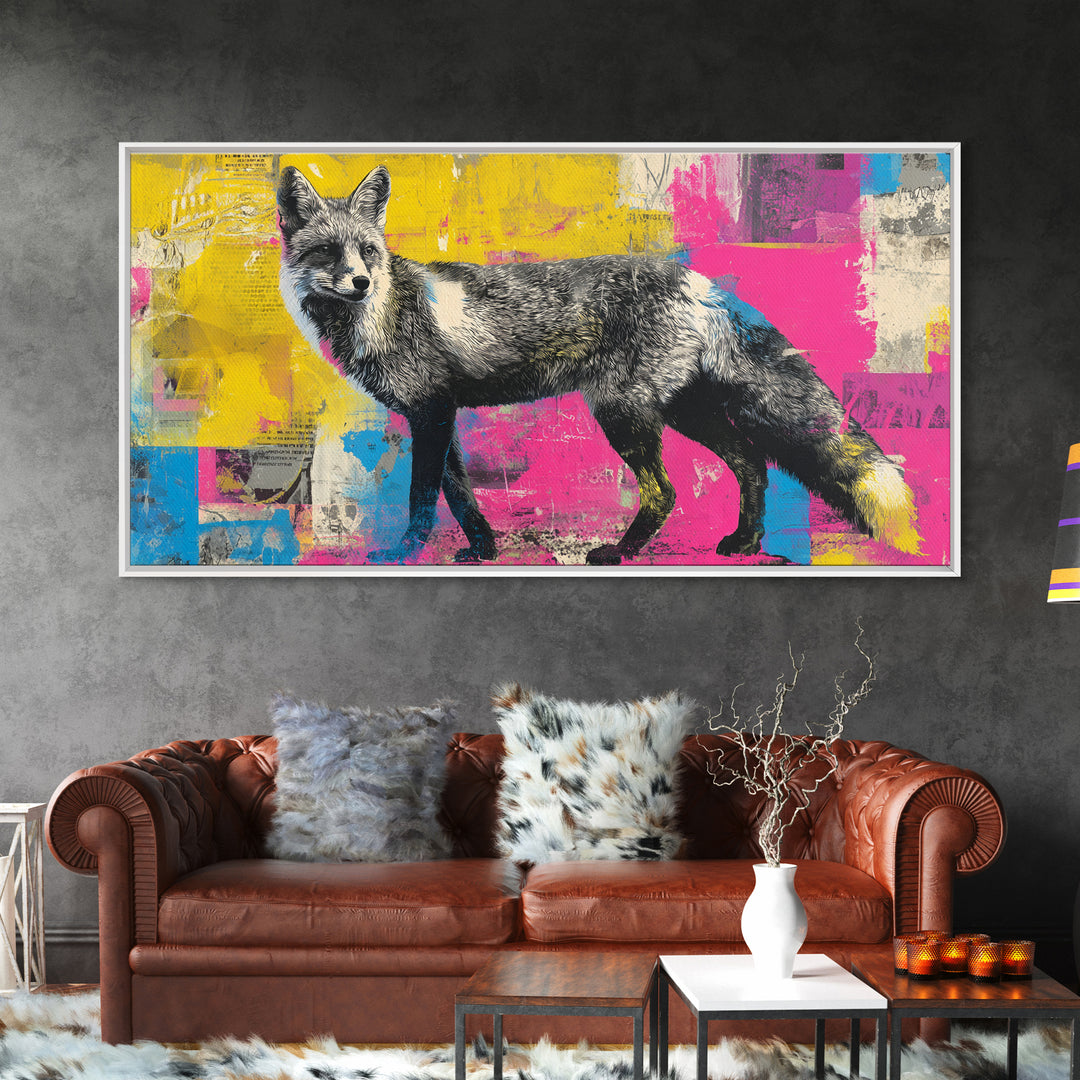 Urban Fox with Layered Sticker Collage Framed Canvas Print, Graffiti Art, Painting, Living Room Decor, Fine Art, Street, GRF-2x1-37
