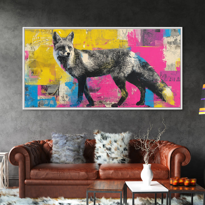 Urban Fox with Layered Sticker Collage Framed Canvas Print, Graffiti Art, Painting, Living Room Decor, Fine Art, Street, GRF-2x1-37