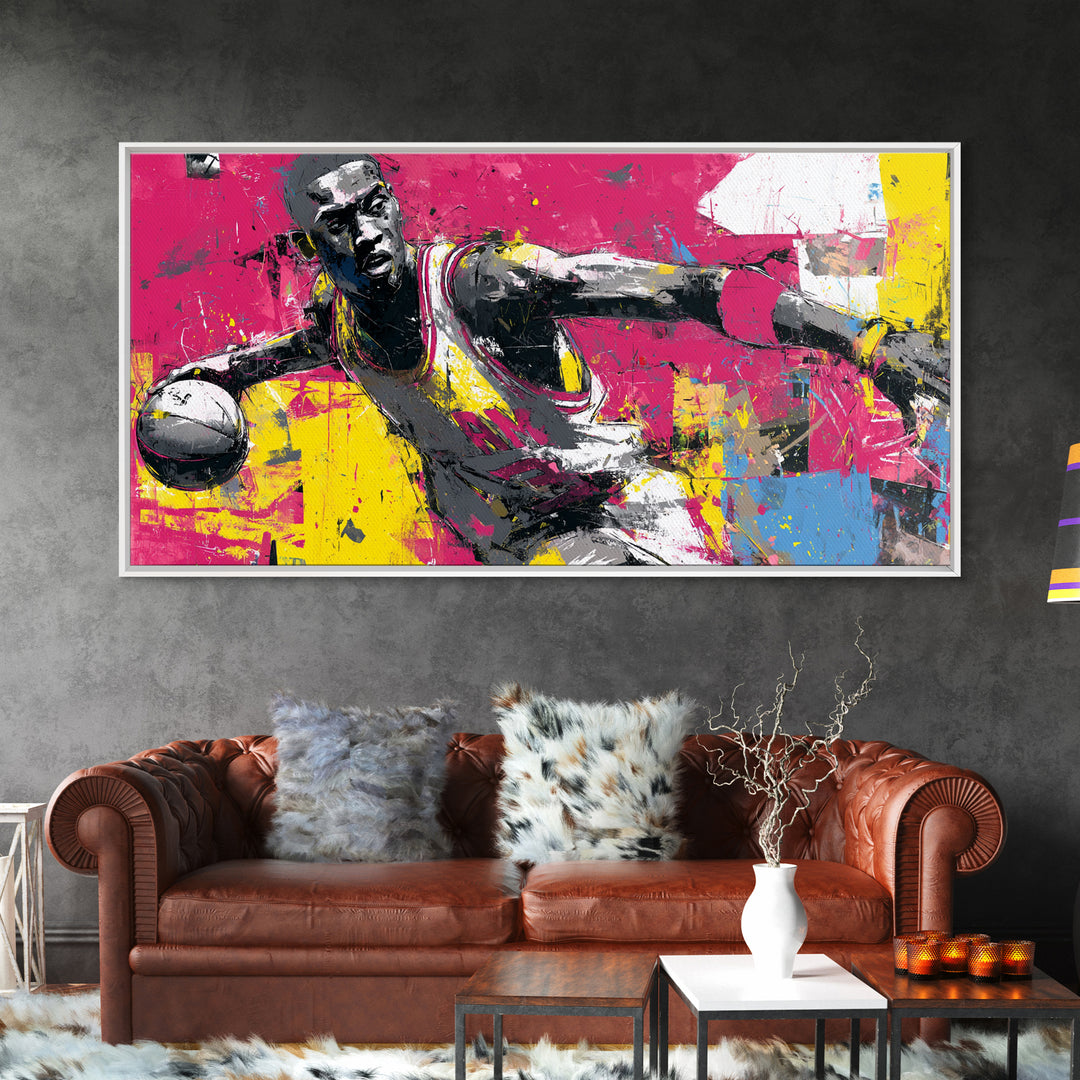 Basketball Player in Street Mural Energy Framed Canvas Print, Graffiti Art, Poster, Living Room Decor, Fine Art, Street, GRF-2x1-40