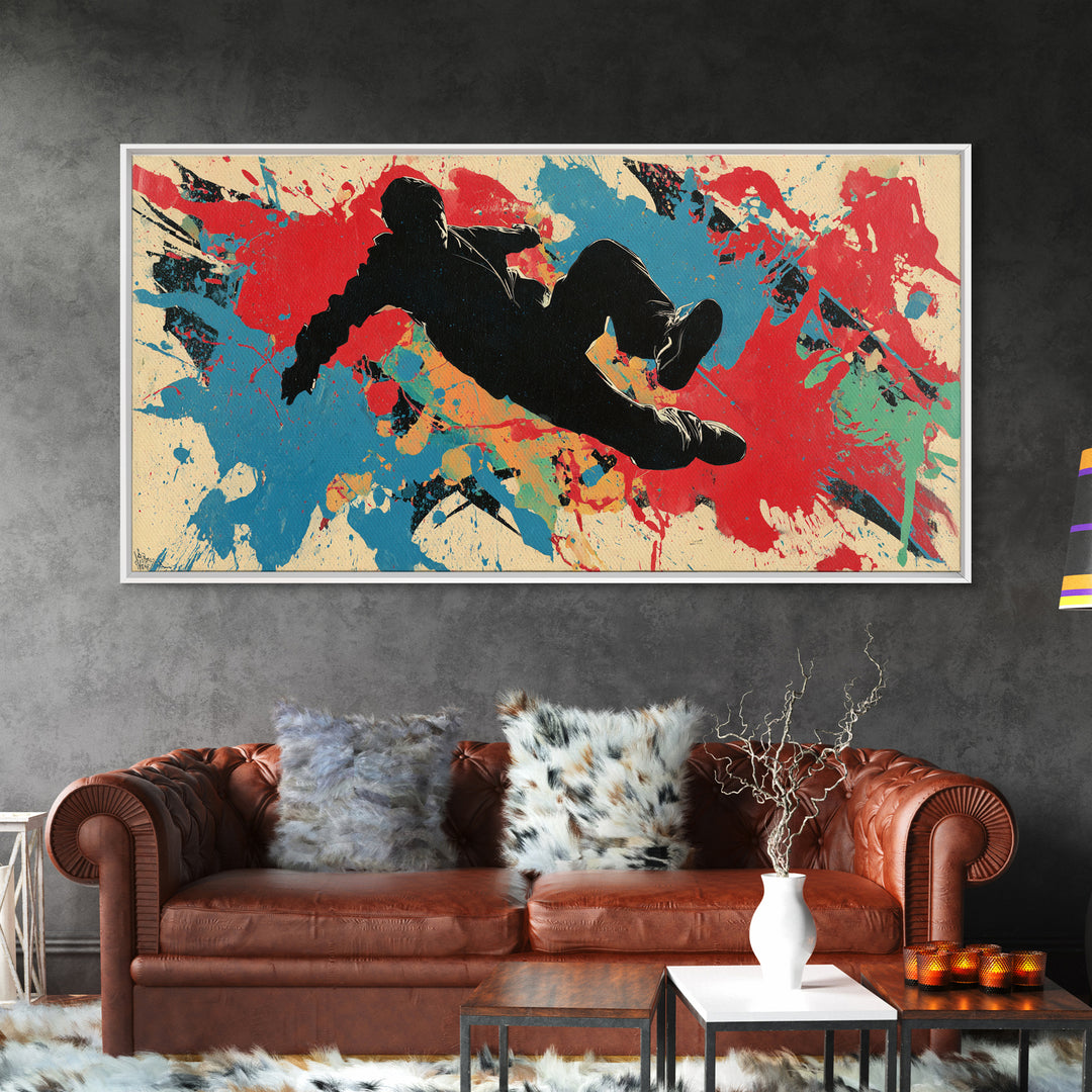 Breakdancer Silhouette over Bright Paint Splashes Framed Canvas Print, Graffiti Art, Poster, Living Room Decor, Street, GRF-2x1-46