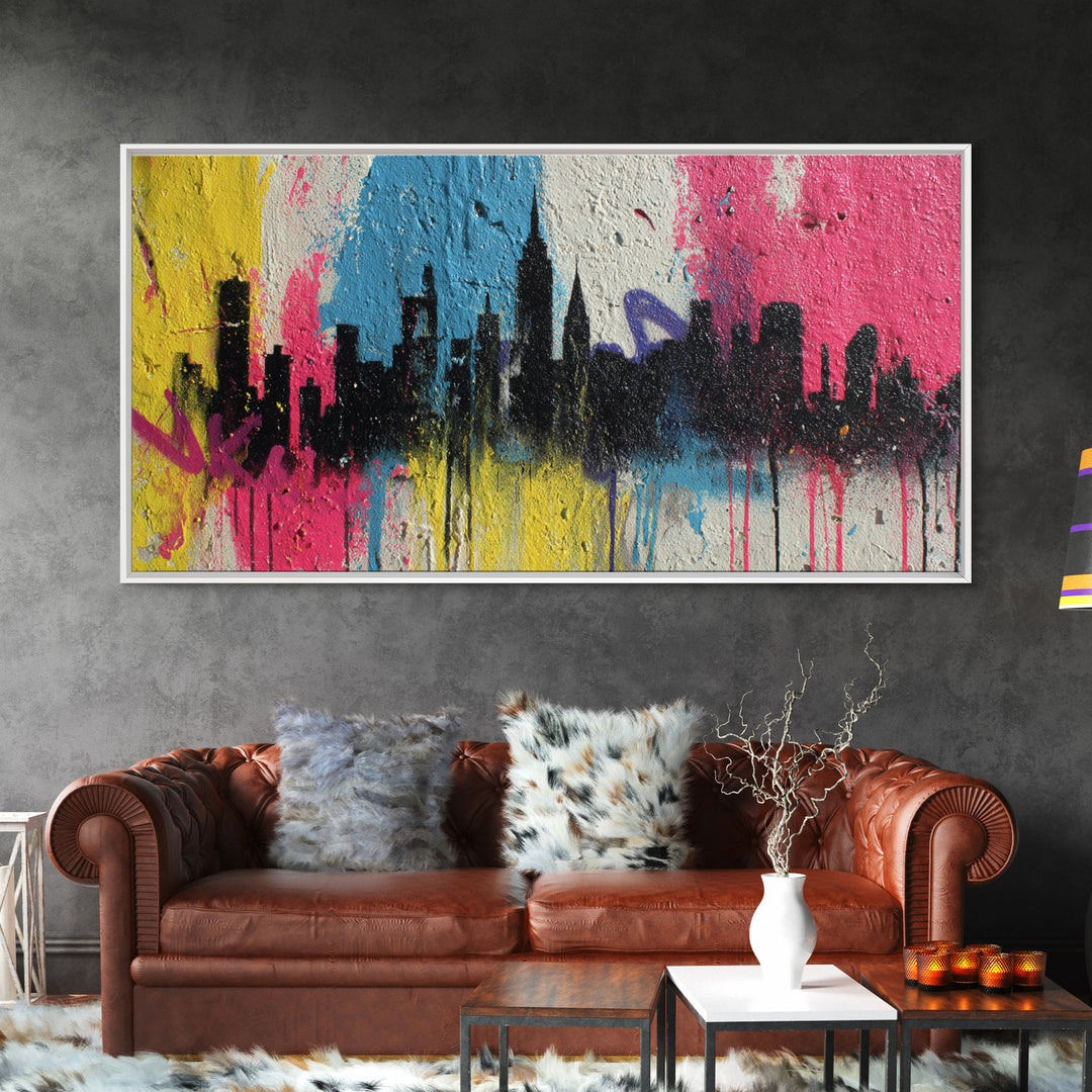 Paint Drips Forming a Skyline Silhouette Framed Canvas Print, Graffiti Art, Wall Decor, Living Room Decor, Abstract Art, Street, GRF-2x1-9