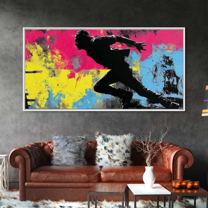 Masked Street Artist Silhouette Framed Canvas Print, Graffiti Art, Prints, Living Room Decor, Oil Painting, Street, Framed Art, GRF-2x1-90