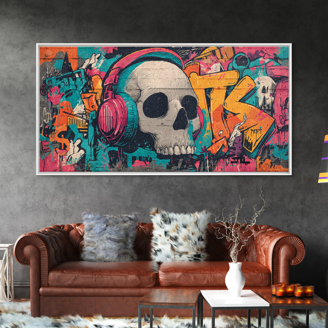 Skull and Headphones Mural Composition Framed Canvas Print, Graffiti Art, Mid Century Modern, Living Room Decor, Street, GRF-2x1-91
