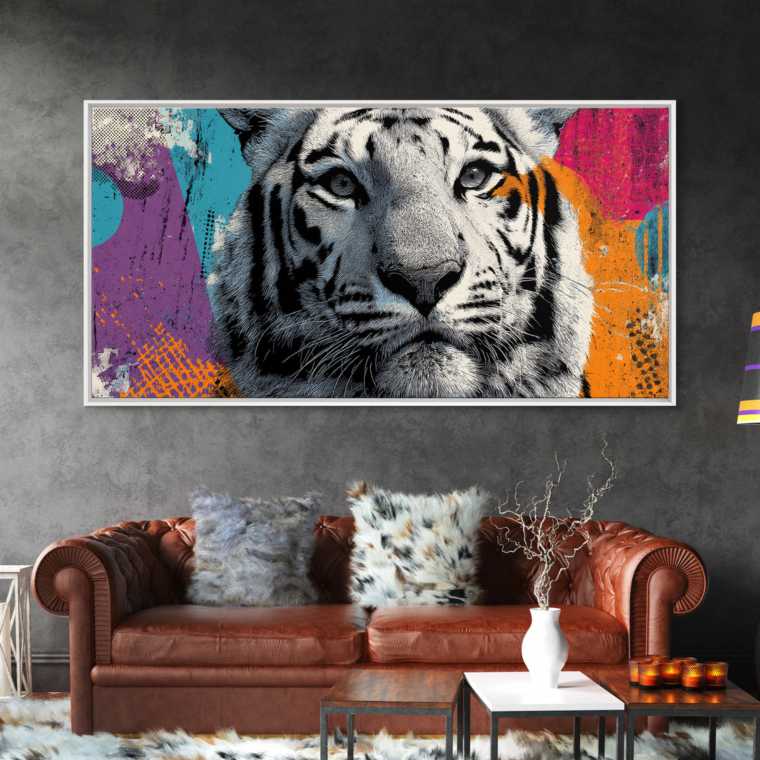 Urban Tiger Portrait Framed Canvas Print, Graffiti Art, Neutral Decor, Living Room Decor, Fine Art, Street, Home Decor, GRF-2x1-95