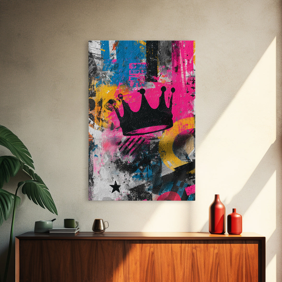Abstract Crown and Stars Framed Canvas Print, Graffiti Art, Art Print, Living Room Decor, Abstract Art, Street, Wall Hangings, GRF-2x3-3