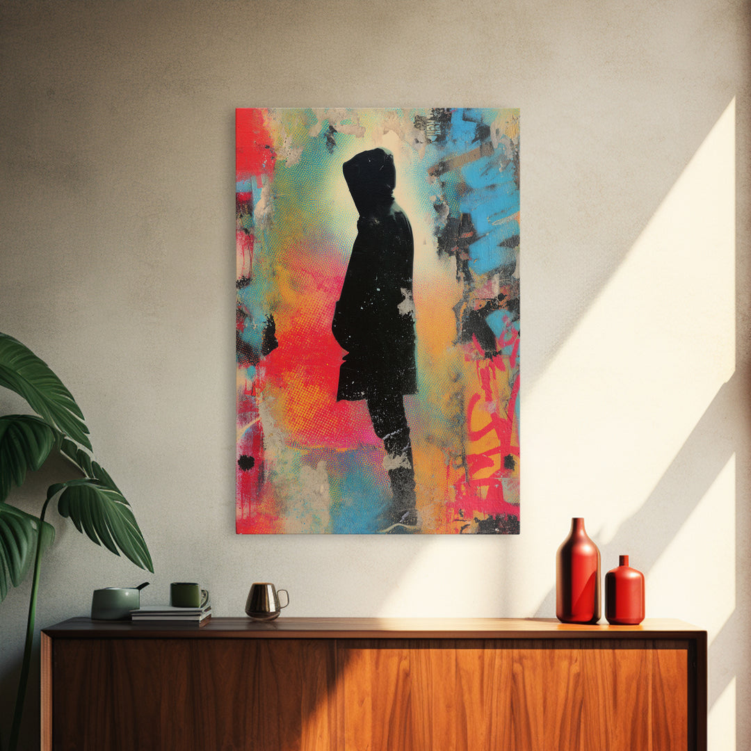 Masked Street Artist Silhouette Framed Canvas Print, Graffiti Art, Minimalist Decor, Living Room Decor, Fine Art, Street, GRF-2x3-30